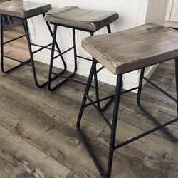 3 Heavy Wood and Heavy Rebar Barstools, Very high-quality, heavy-duty, with floor protector pads built in the legs, 24" high floor to seat.  
