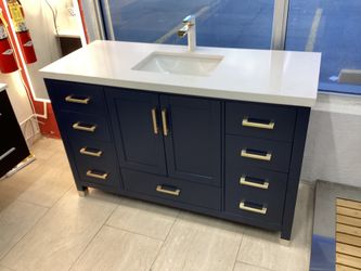 55” Bathroom Vanity Cabinet New Solid Wood Fully Assembled Softclose Drawers Doors Quartz Top Sink Attached Ready For Pick Up Today
