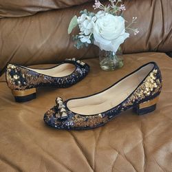 Women's Christian Louboutin Black Gold Sequins Kitten Block Heels Size 6 US (Fits Size 6.5 as well)