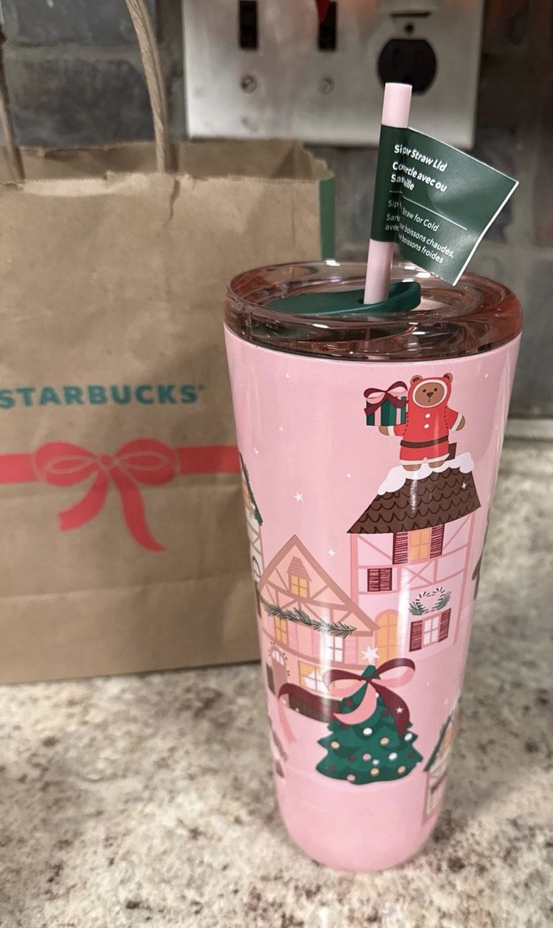 Starbucks Christmas Pink Bear Tree Stainless Steel Cold Cup Tumbler With Straw
