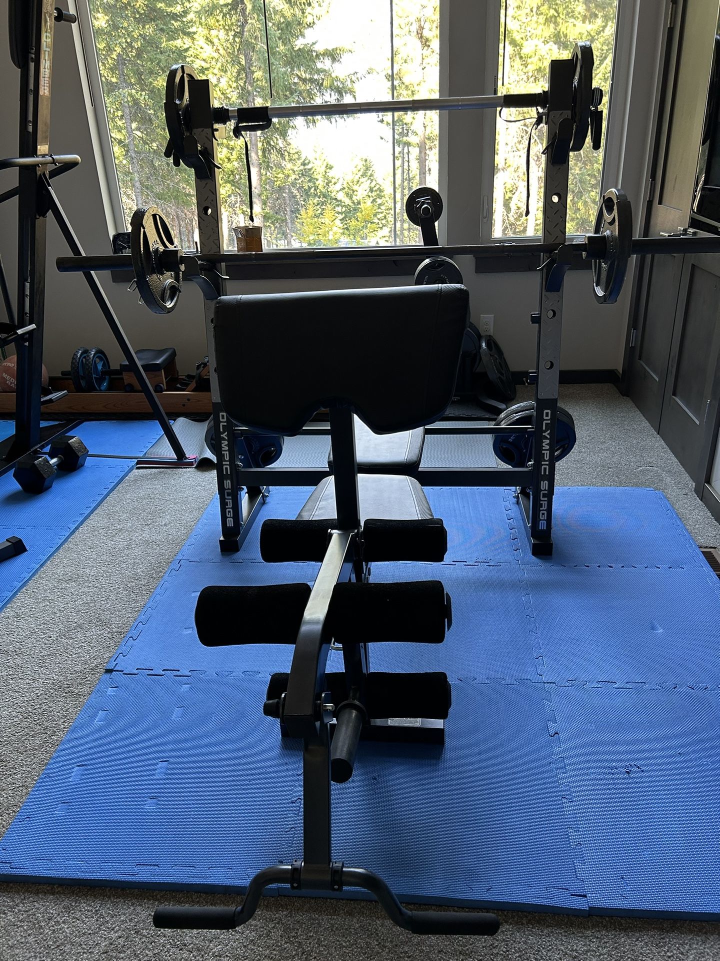 Marcy Olympic Workout Bench With Bars And Weights.