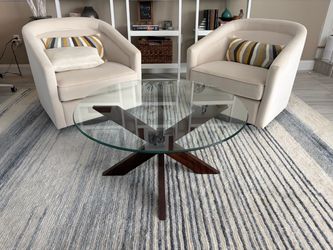 Modern Round Glass Coffee Table with Geometric Wood Base