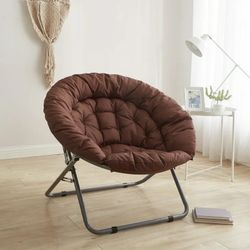 Folding Saucer Chair, Lazy Moon Chair with Metal Frame, Brown