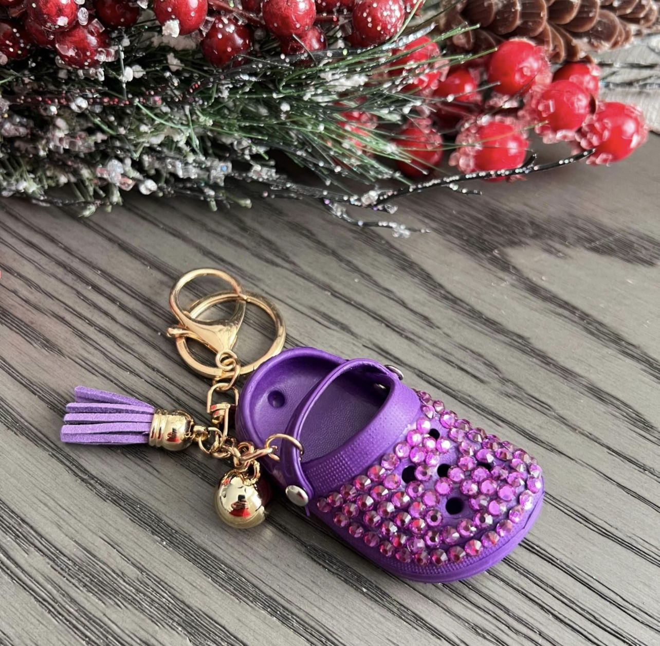 💜 New! Rhinestone Bling Purple Croc Inspired Keychain w Tassel