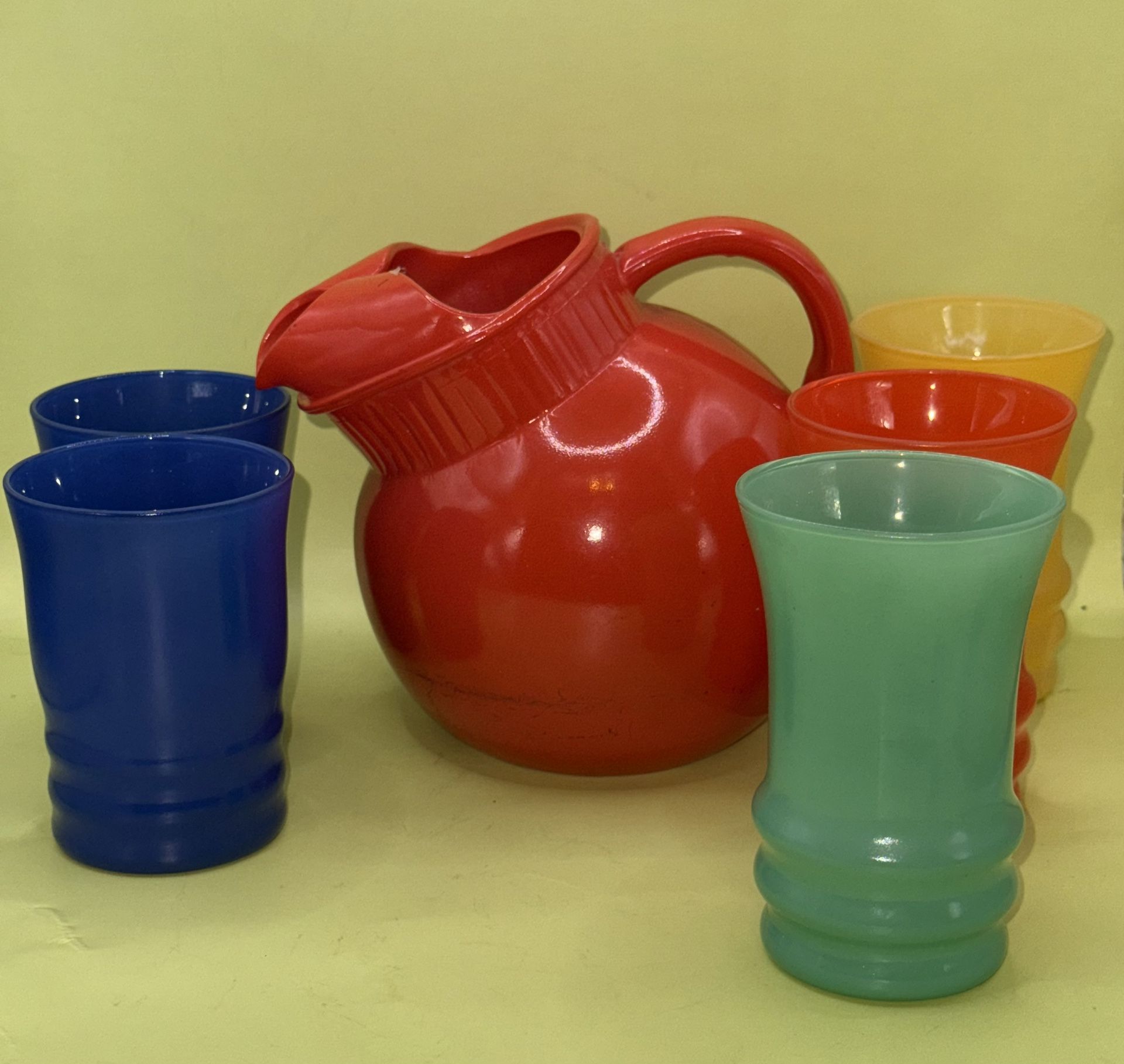 VTG Anchor Hocking Set of Red Tilted Pitcher and Cups