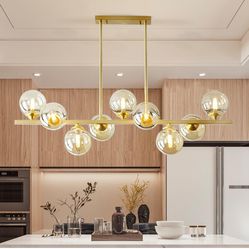 9-Light Globe Sputnik Chandelier Gold Metal Brushed Brass Linear Hanging Pendant Light Magic Bean Molecule Ceiling Pendant Light Fixtures for Bedroom 
