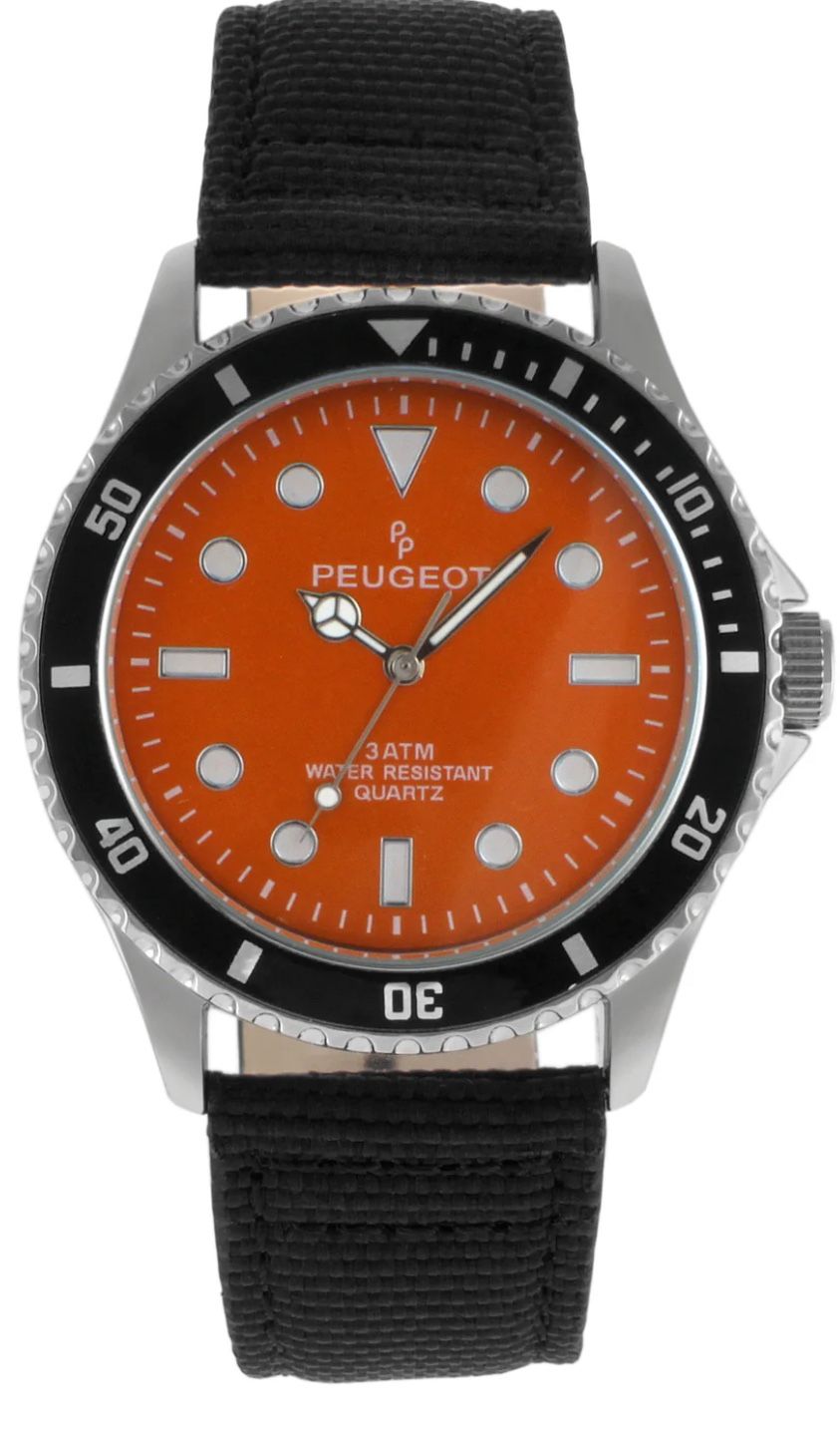 PEUGEOT 42MM SPORT BEZEL WATCH WITH ORANGE DIAL AND CANVAS STRAP men’s