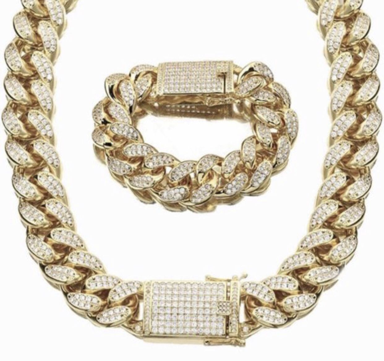 New 18 k yellow gold Cuban link chain and bracelet