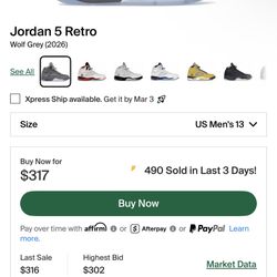 WOLF GREY 5s SZ 6, 7 , 11.5 ,13