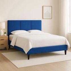 Modern Queen Bed Frame – Upholstered Blue Platform Bed
