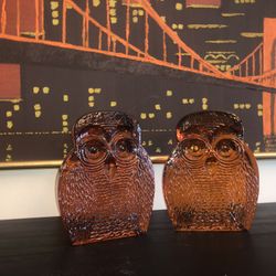 Pair of Mid Century Amber Glass Owl Bookends By Blenko