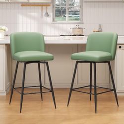 27 Inch Swivel Bar Stools Set of 2 Counter Height Barstools with Back Faux Leather Kitchen Island Chairs, Green