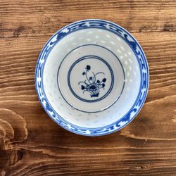 Antique Chinese Blue & White Handpainted Porcelain Rice Eye Grain Bowl Signed