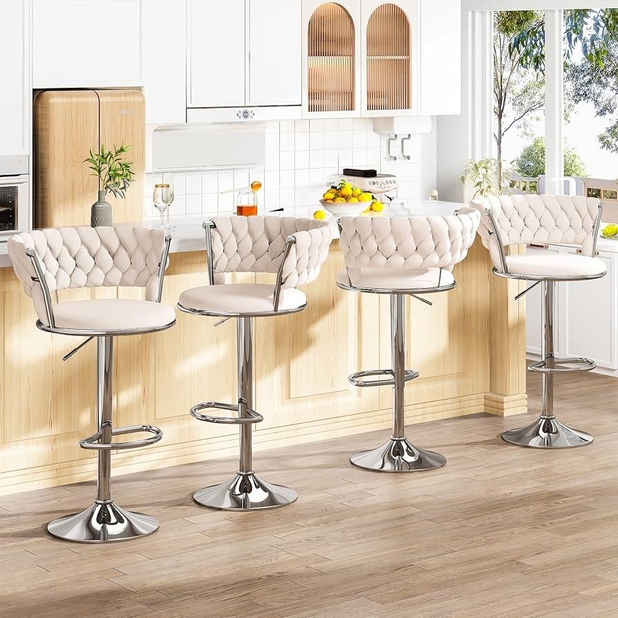 Velvet Bar Stools Set of 4, Swivel Counter Height Bar Chairs with Footrest, 4 Pieces Adjustable High Stools Bar Chairs, Island Chairs Bar Height Chair