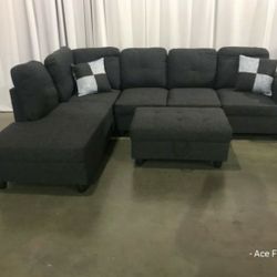 Brand New Charcoal Gray Linen Sectional With Storage Ottoman 