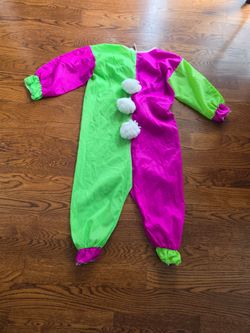 Kids Neon Clown Costume Jumpsuit Size S/M Green Magenta Pom Poms Dress Up
