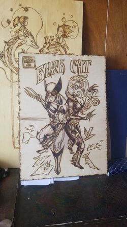 Marvel Wolverine and Black Cat comic Pyro wood Art 11 1/2" x 16"