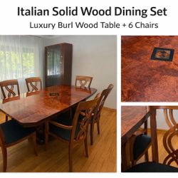 Italian Solid Wood Dining Set – Luxury Burl Wood Table + 6 Chairs