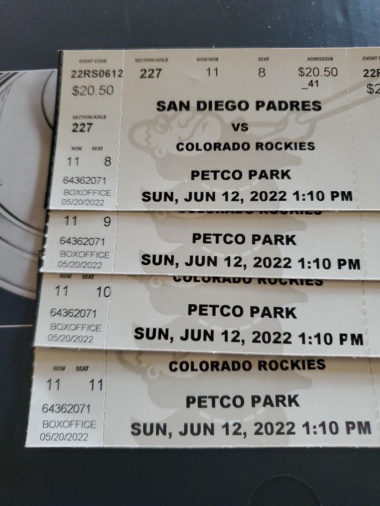 4 Padres Tickets Section 227 Row 11 Seat 8-11