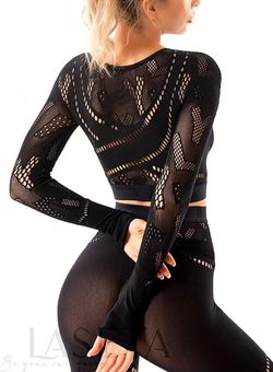 laseta Sexy Seamless Workout Outfits for Women Hollow Out Creative Design Top & Shorts 2 piece Set. Workout Lounge Bedtime 96% Nylon & 5% spandex