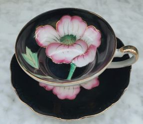 Vintage Nasco Del Coronado 3 footed Tea Cup And Saucer Royal Sealy Pink and Black Flower