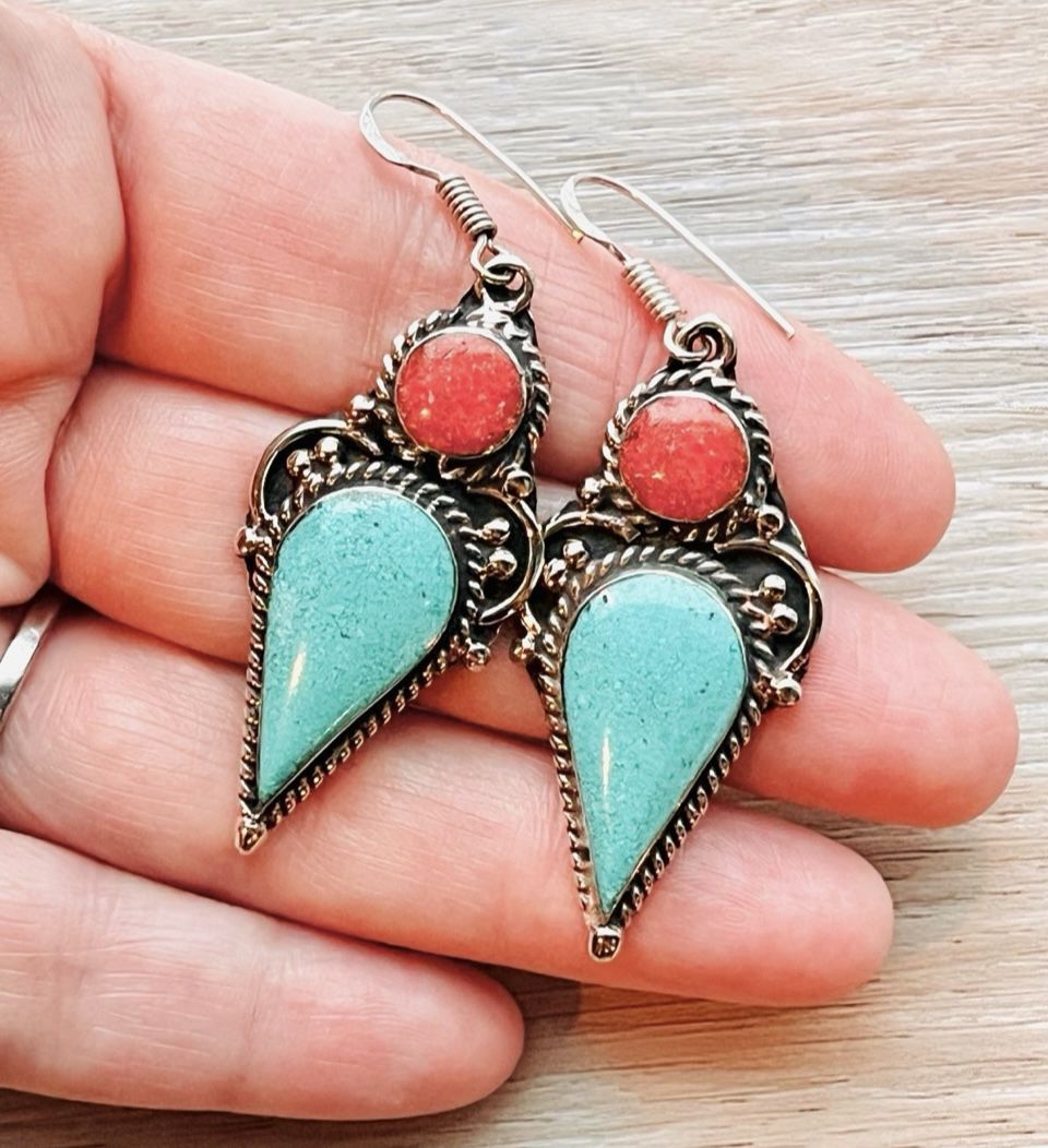 Southwest Tibetan Silver Natural Crushed Turquoise & Coral 2” Earrings