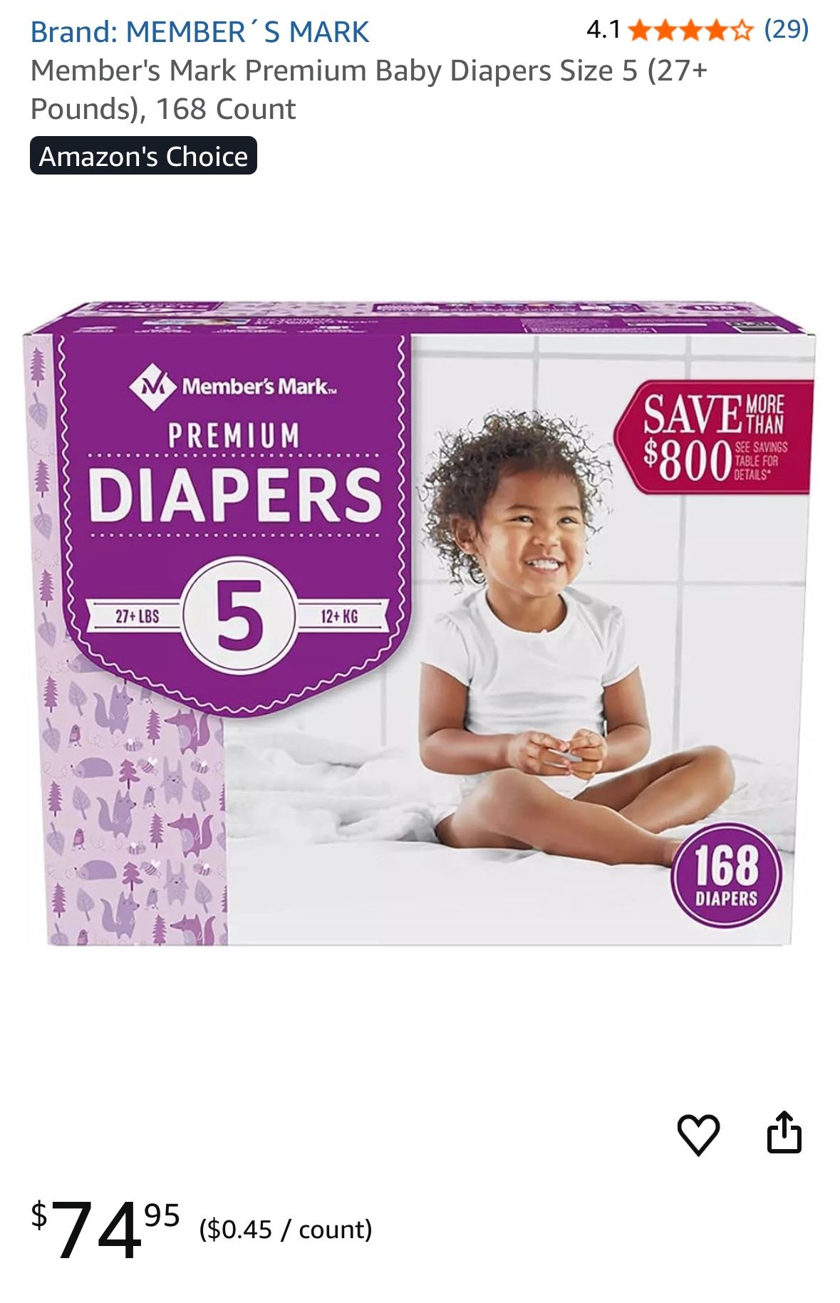 Member's Mark Premium Baby Diapers Size 5 (27+ Pounds), 168 Count