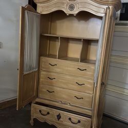 Vintage hutch cabinet with 4 cabinets and curtains