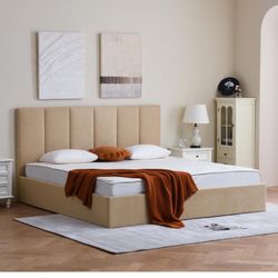 VELOCAVA King Size Upholstered Lift-Up Storage Bed, Beige Linen-Look Fabric Bed Frame with Vertical Panel Headboard, Hydraulic Lift Storage, Wooden Sl