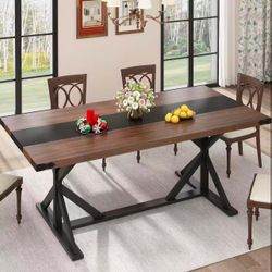 DJ0656BR 71 Inch Dining Table for 6 People, Rectangular Kitchen Farmhouse Table W/Thickness Waterproof Wood Tabletop,Long Dining Room Tables W/Wood St