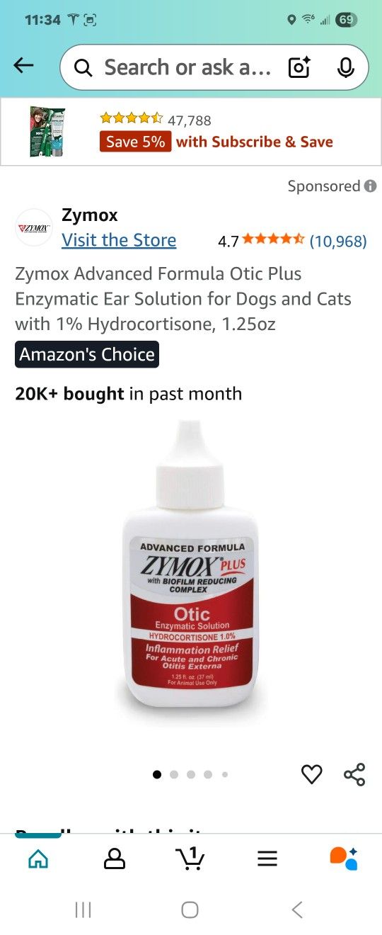 NEW Zymox Advanced Formula Otic Plus Enzymatic Ear Solution for Dogs and Cats with 1% Hydrocortisone, 1.25oz