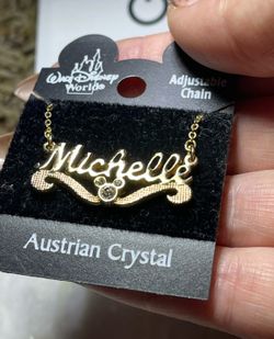 WALT DISNEY WORLD PARKS SOUVENIR NAME NECKLACE “MICHELLE” GOLD MICKEY CRYSTAL