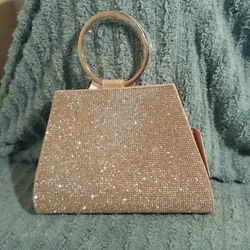 Brand New Beautiful Gold Evening Hand Bag With Long Gold Chain And To Gold Round Hand Handles 