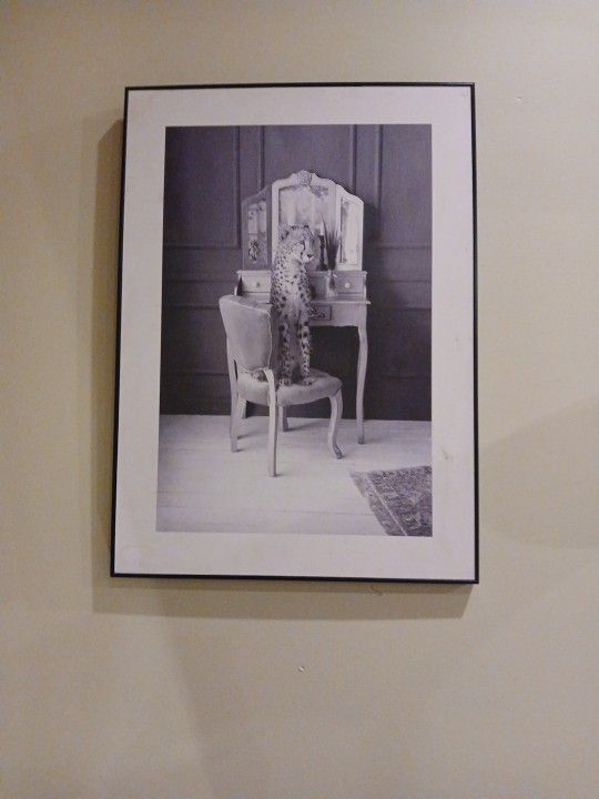 Tiger Sitting In A Chair Of A Makeup Vanity Black & White Hanging Picture