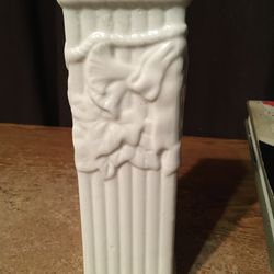 Vintage white pillar floral design vase 8 in