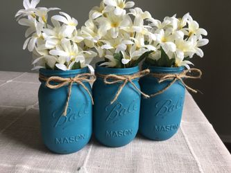 Distressed mason jar vases with silk flowers included! You pick the jar/flower colors! $16 for 3