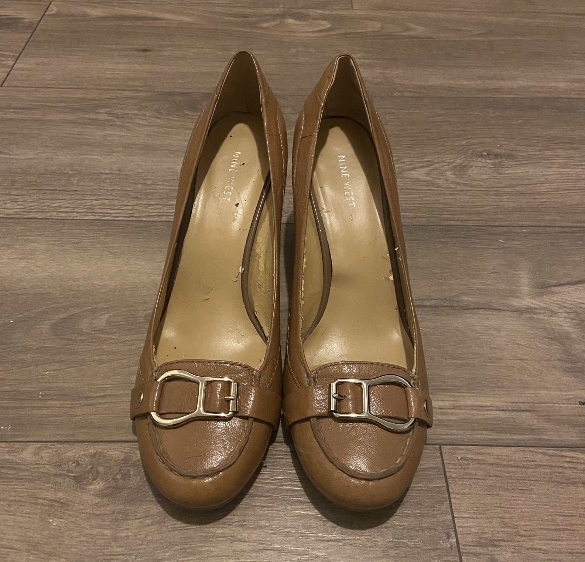 Nine West Brown Leather Buckle Designed Heels - 10 1/2 Womans