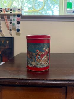 Santa Claus Sleigh Ride Merry Christmas Holiday Red Storage Tin Container Box