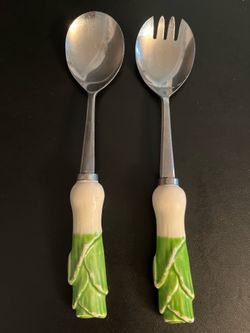 Vintage Shafford Set of salad serving spoon and fork with green ceramic handles.