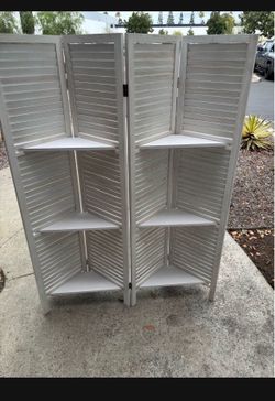 New 4 wooden white Panel Room Divider Screen Foldable W/3 Utility Shelves 5.6' Tall White