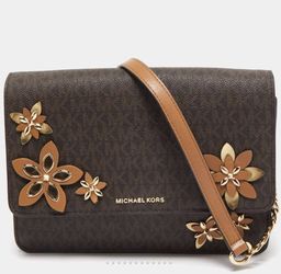 Michael Kors Brown Signature Coated Canvas & Leather Floral Daniela Shoulder Bag
