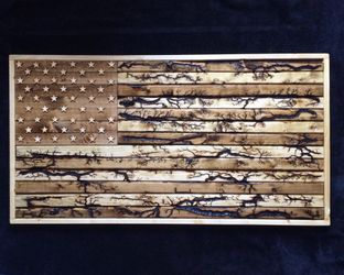 Solid wood hand crafted American Flag with Fractal Burns