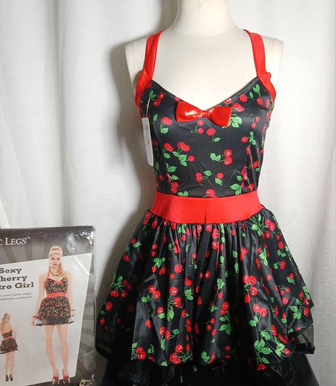 Halloween Retro Sexy Red Cherry Costume, Retro Pinup Costume Short Dress Sz Sm