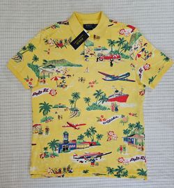Polo Ralph Lauren Men's Classic Fit Polo Shirt Yellow With Aloha Bear Size M