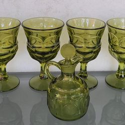 Vintage Fostoria Argus Green Henry Ford  1960s Wine Water Goblet Set of 6 & vinegar cruet bottle.