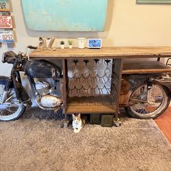 Industrial Motorcycle Bar Console – Reclaimed Wood & Steel Statement Piece
