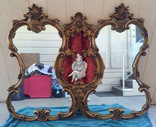 Vintage 1974 Hollywood Regency "Gothic Victorian " triptych mirror.