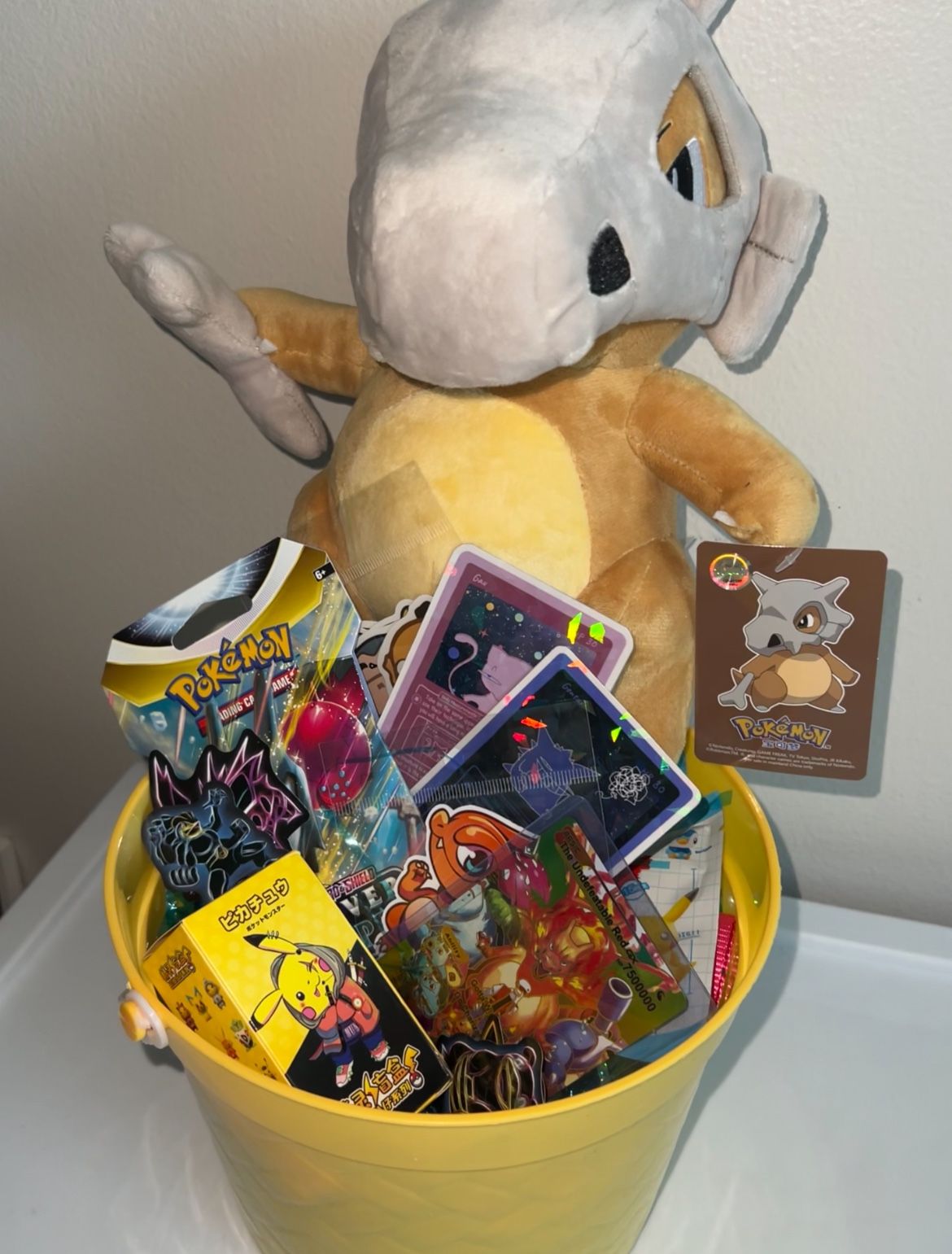 Jumbo Cubone Pokemon Plush Bucket Ultra Rare Holographic Pokemon Card Collectible 