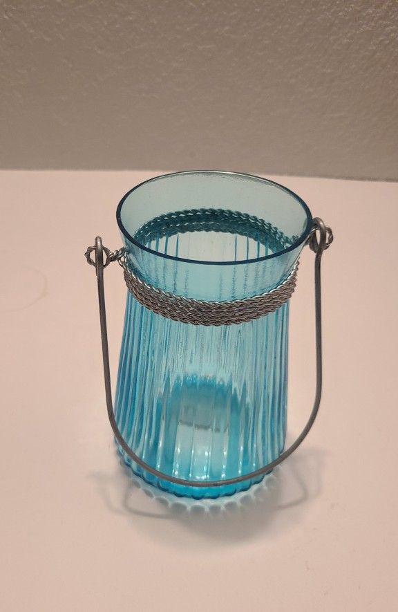 Light Blue Glass Jar Candle Holder With Metal Handle