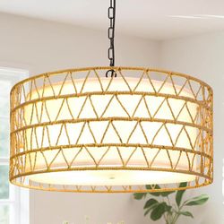 Boho Rattan Drum Chandelier – Natural Woven Pendant Light for Coastal & Modern Interiors